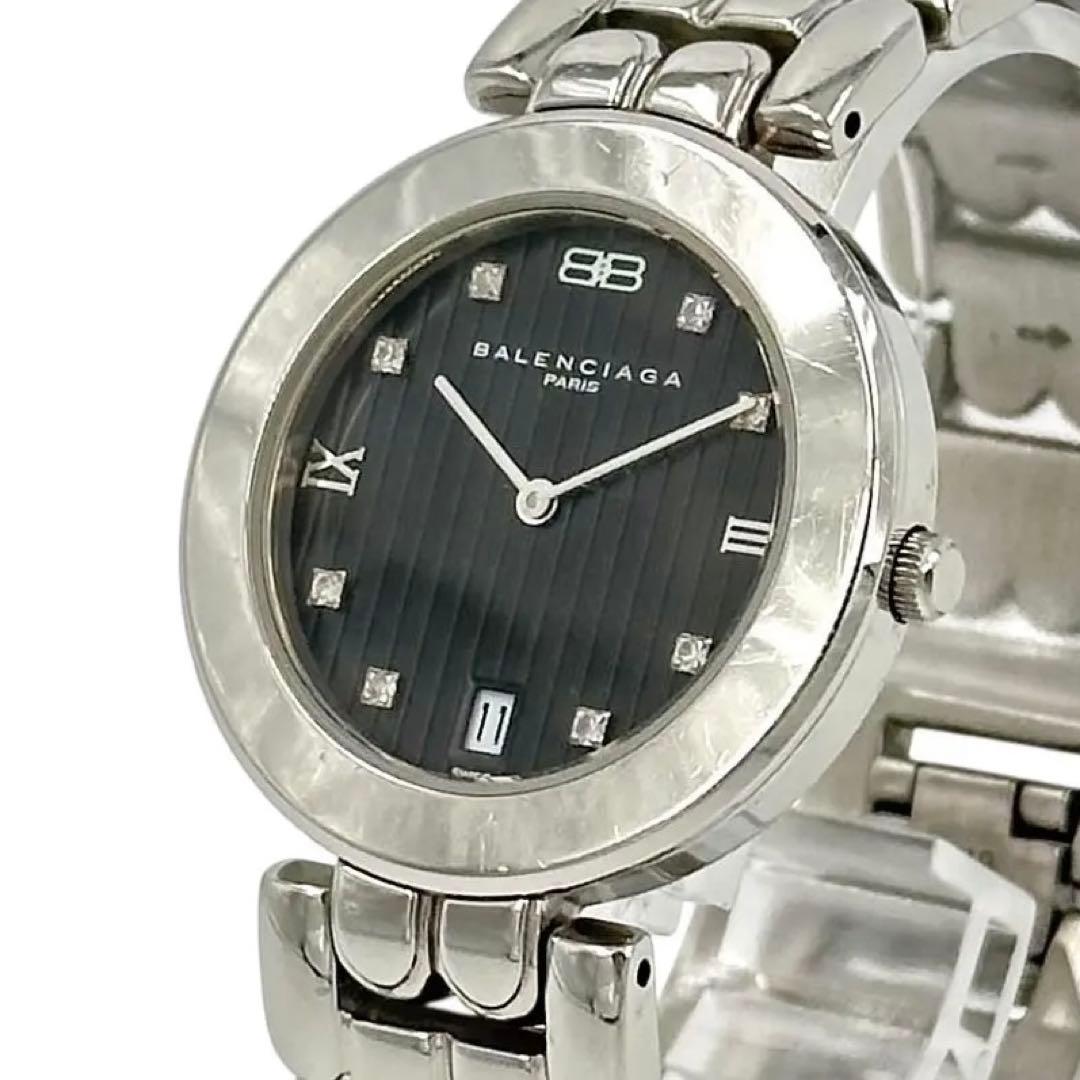 バレンシアガ　腕時計　クオーツ　シルバー　8Pダイヤ　黒文字盤　レディース