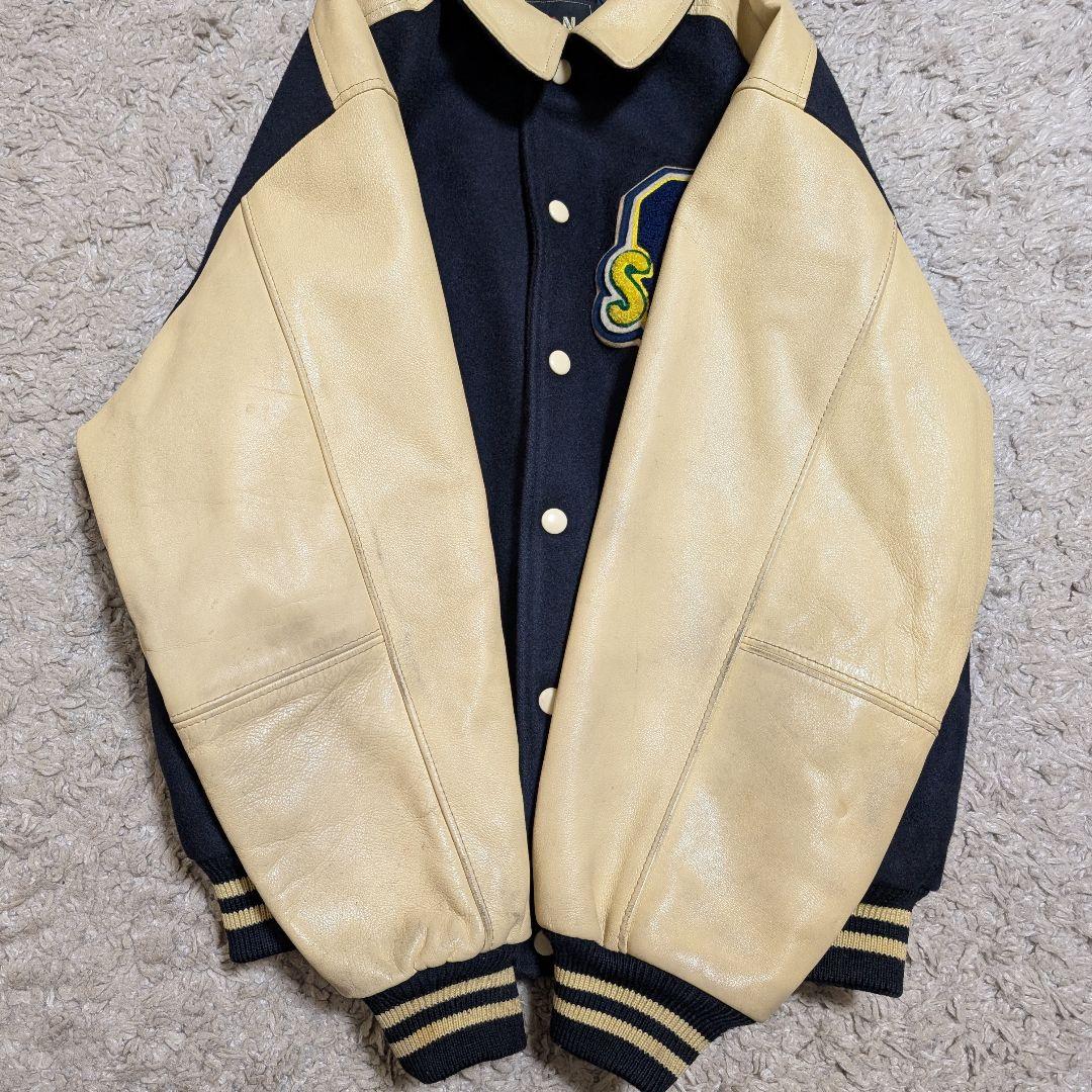 VAN JAC スタジャン ウール 袖レザー 本革 裏地キルティング