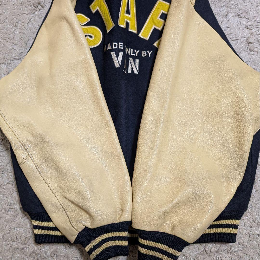 VAN JAC スタジャン ウール 袖レザー 本革 裏地キルティング