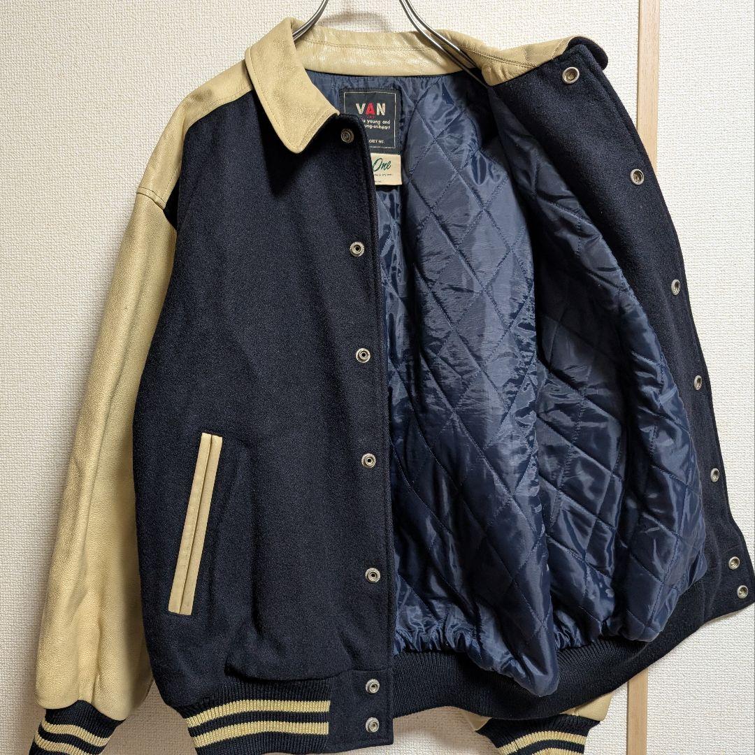VAN JAC スタジャン ウール 袖レザー 本革 裏地キルティング