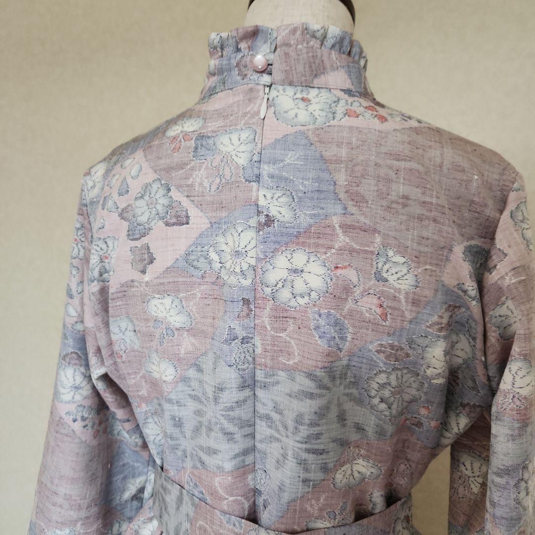 フリルスタンドカラーのワンピースM　ピンタック　紬　　着物リメイク