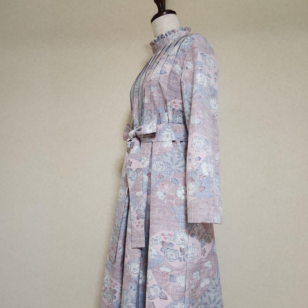 フリルスタンドカラーのワンピースM　ピンタック　紬　　着物リメイク