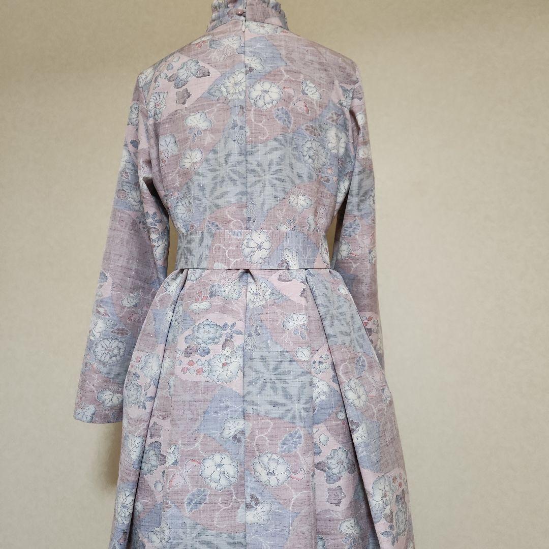 フリルスタンドカラーのワンピースM　ピンタック　紬　　着物リメイク