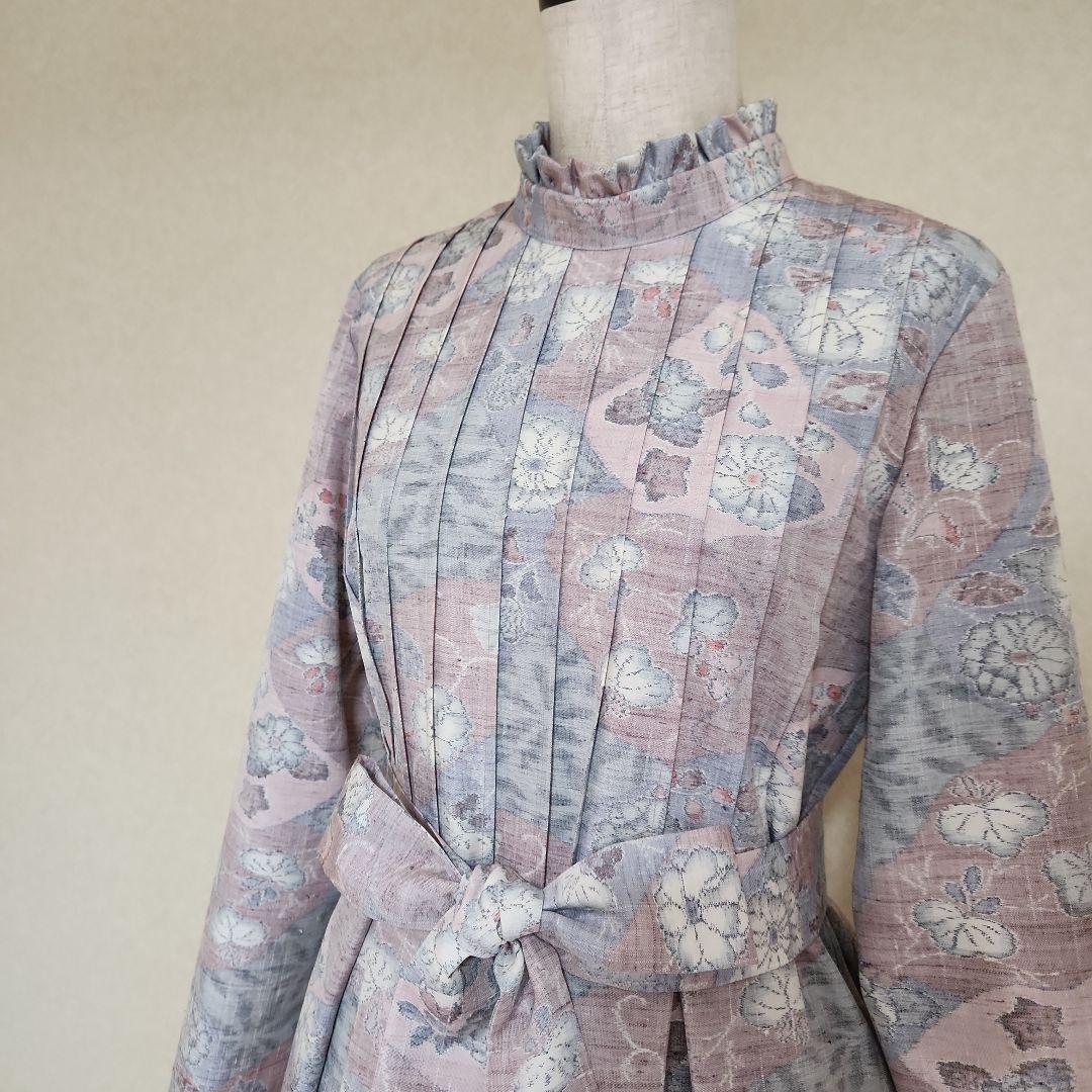 フリルスタンドカラーのワンピースM　ピンタック　紬　　着物リメイク