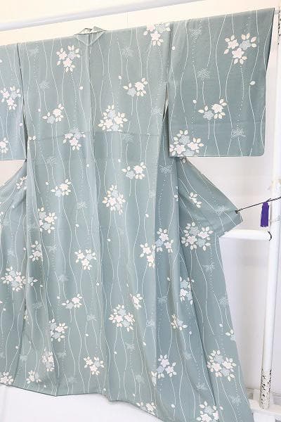 ★専用★未使用品 小紋 縮緬地 くすんだ青緑 立涌文身丈163cm 袷 お洒落