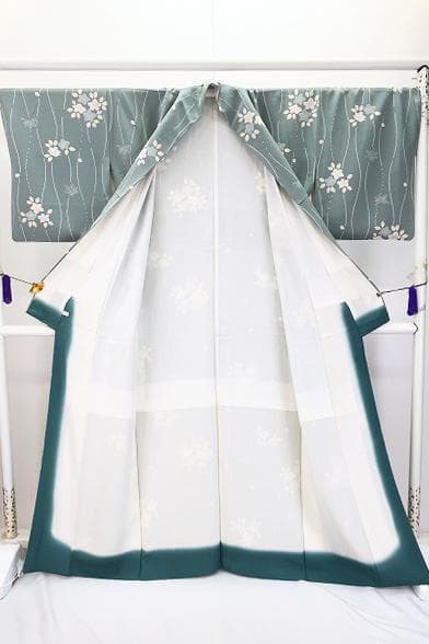 ★専用★未使用品 小紋 縮緬地 くすんだ青緑 立涌文身丈163cm 袷 お洒落