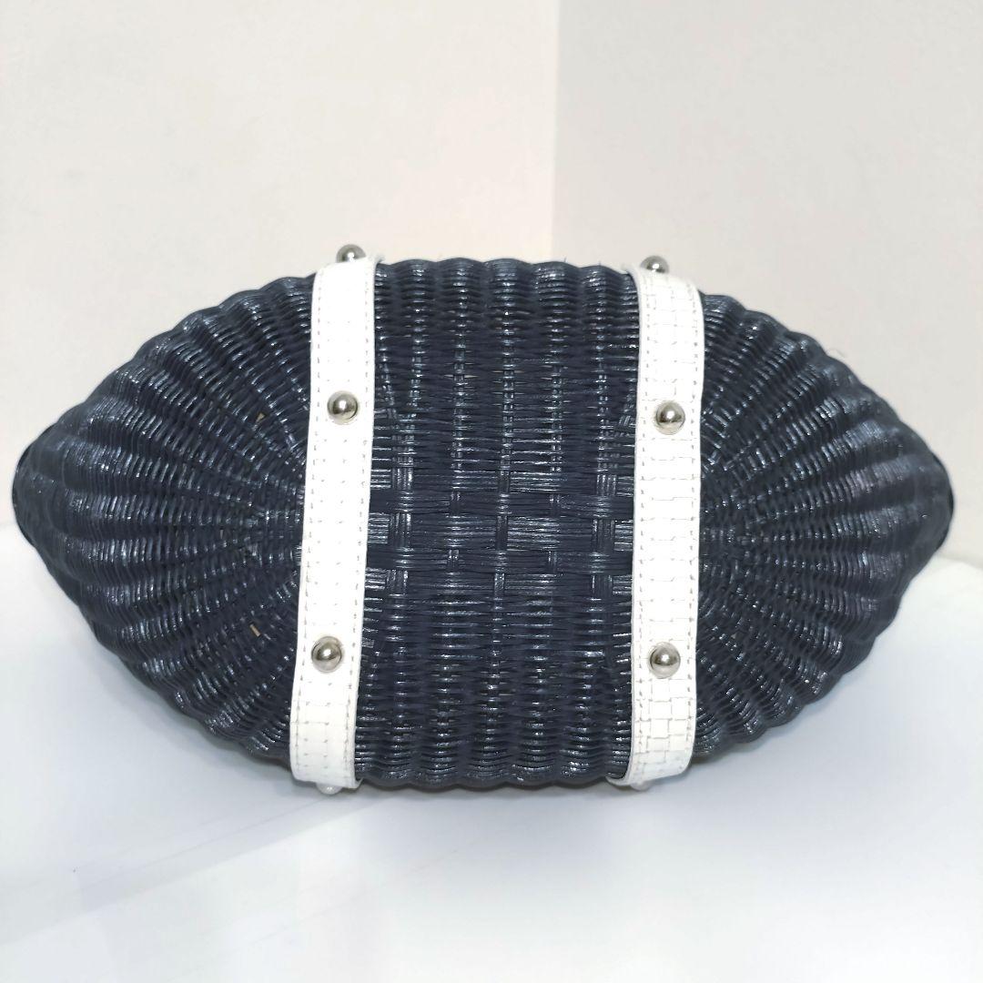 ✨美品✨銀座かねまつ　ラタン かごバック　ネイビー × ホワイト