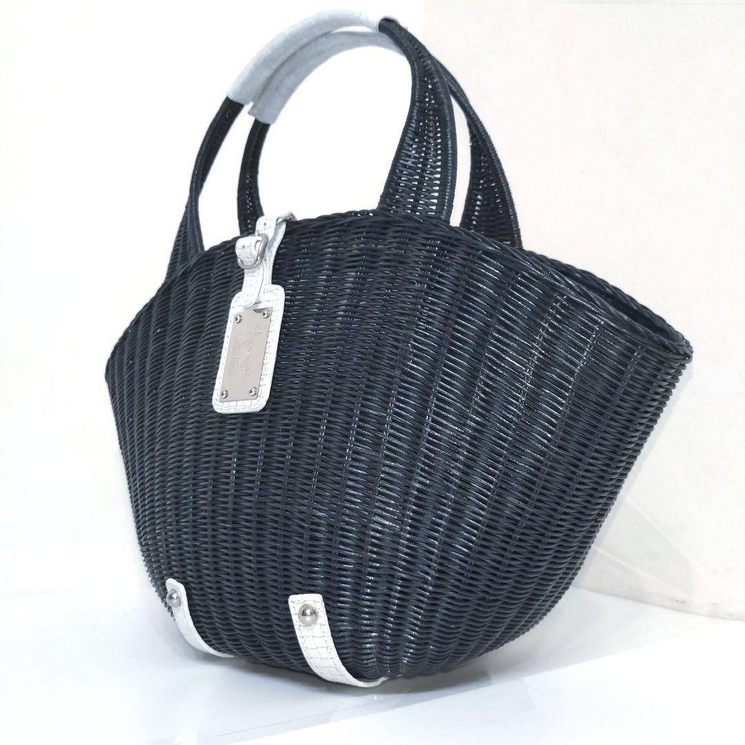 ✨美品✨銀座かねまつ　ラタン かごバック　ネイビー × ホワイト