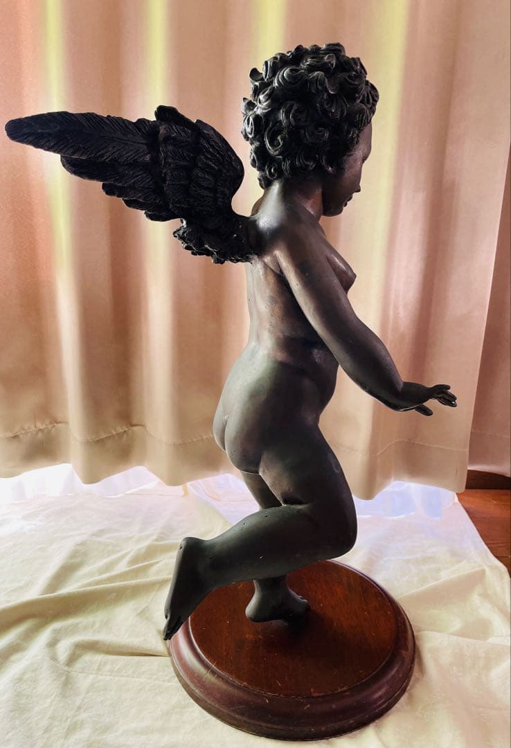 【天使】ブロンズ製 天使像 木製台座付き 高さ約65cm