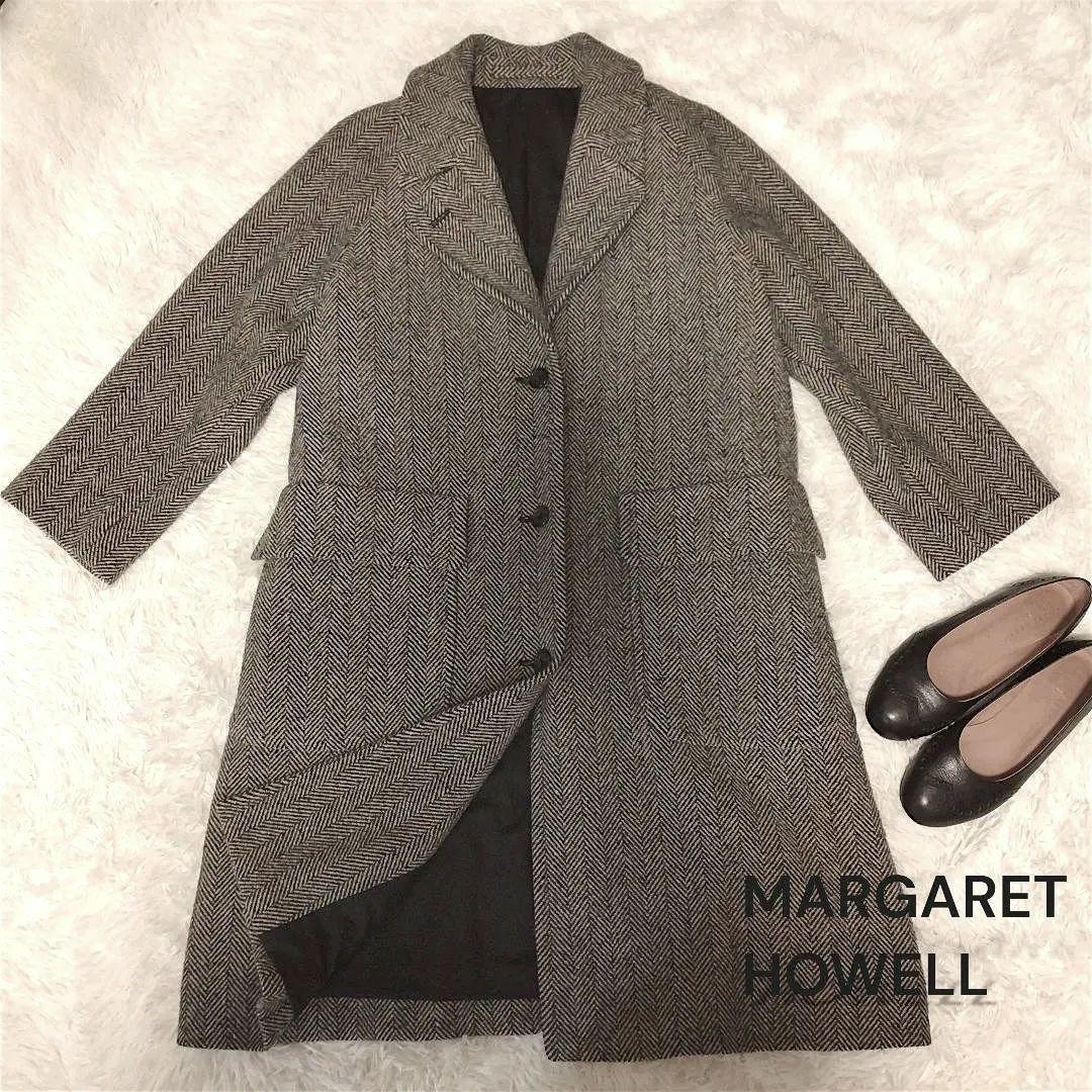 マーガレットハウエル ツイード ヘリンボーン ロングコート ブラック×ベージュ