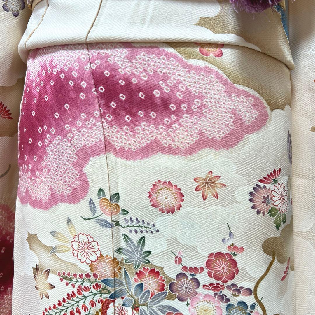 446 振袖フルセット 正絹 岩田専太郎 金彩 駒刺繍 絞り クリーム 青 紫