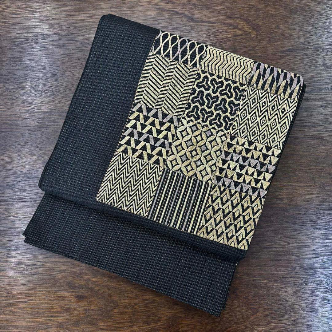 きものヱビス■ 帯 京都 名門 西陣 勝山織物 かつやま 手織り 正絹 紬 黒地