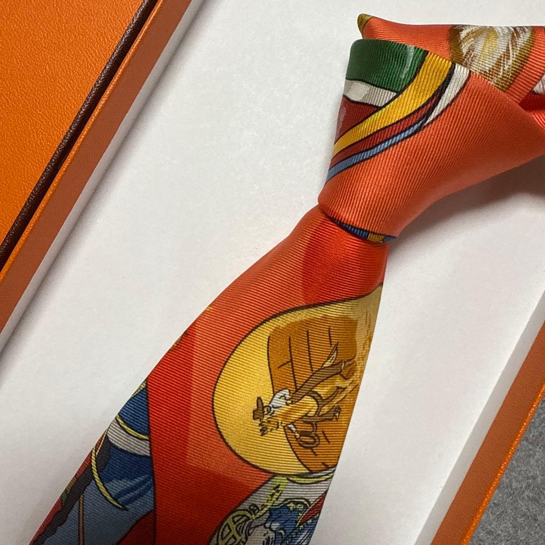 未使用　エルメス　ネクタイ　オレンジ　スカーフ柄　総柄　派手　結婚式