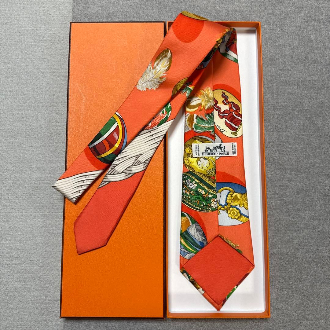 未使用　エルメス　ネクタイ　オレンジ　スカーフ柄　総柄　派手　結婚式