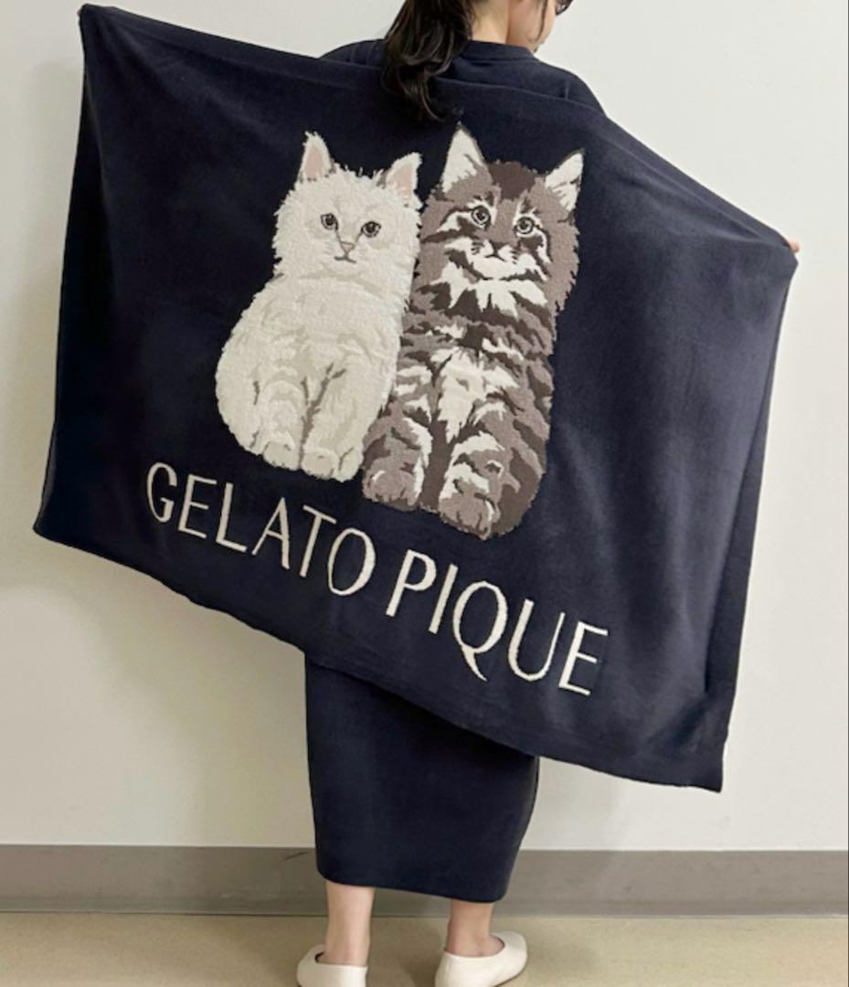 新品　ジェラートピケ ツインキャットジャガードブランケット　毛布　膝掛け　猫