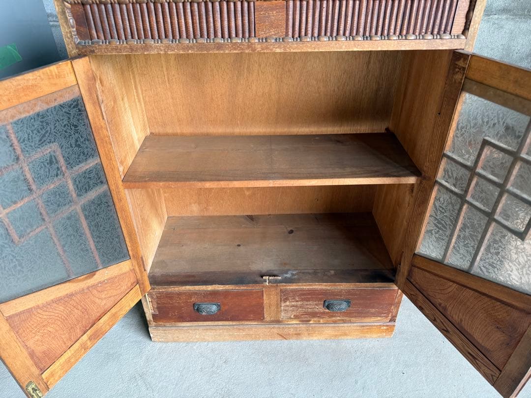 木製アンティーク箪笥 ガラス扉付き　古い　収納　家具　茶箪笥　手渡しのみ