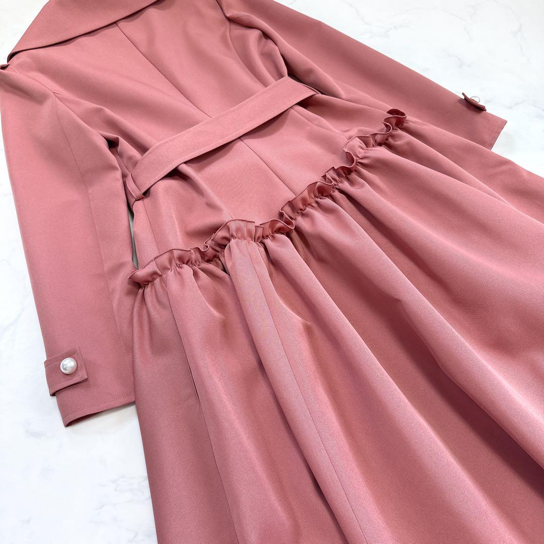 近年 Rene ルネ ♡ パール フリル ロングコート 34 ベルト付 ピンク系