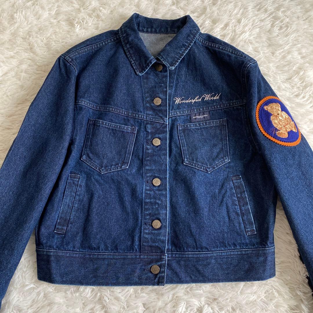美品☆ワンダフルワールド くま刺繍ワッペン デニムジャケット カネコイサオ