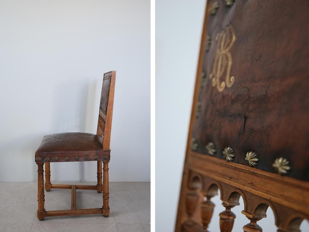 フランスアンティーク木製アンリ2世様式ダイニングチェア/レザー(90-64-1)