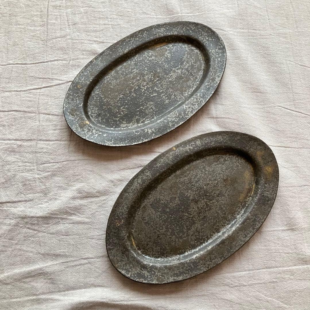 【新品未使用】安福由美子　黒錆　オーバル皿　中皿　2枚セット