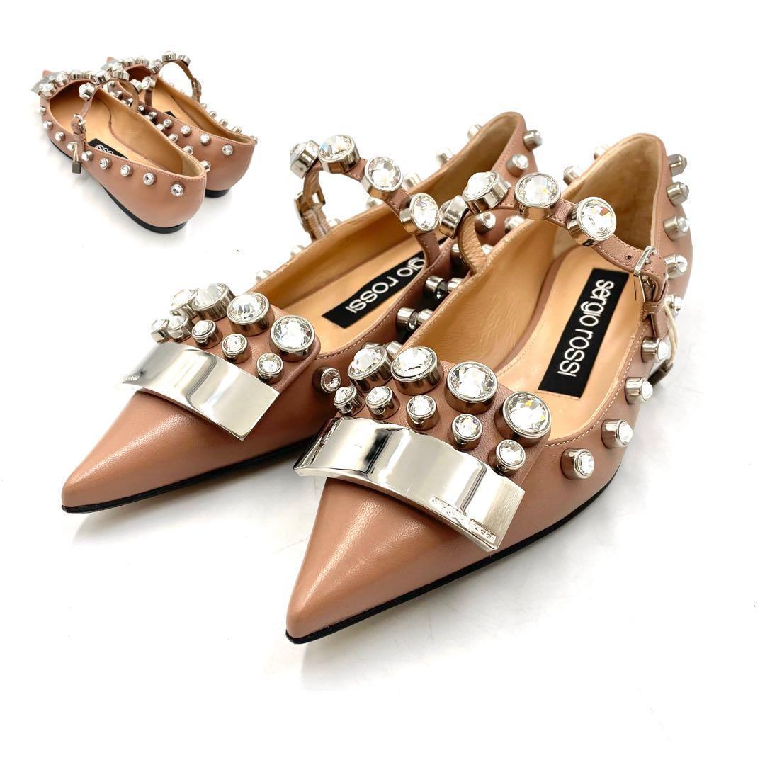 《未使用品》セルジオロッシ sr1 パンプス ビジュ ピンク ベージュ系 34