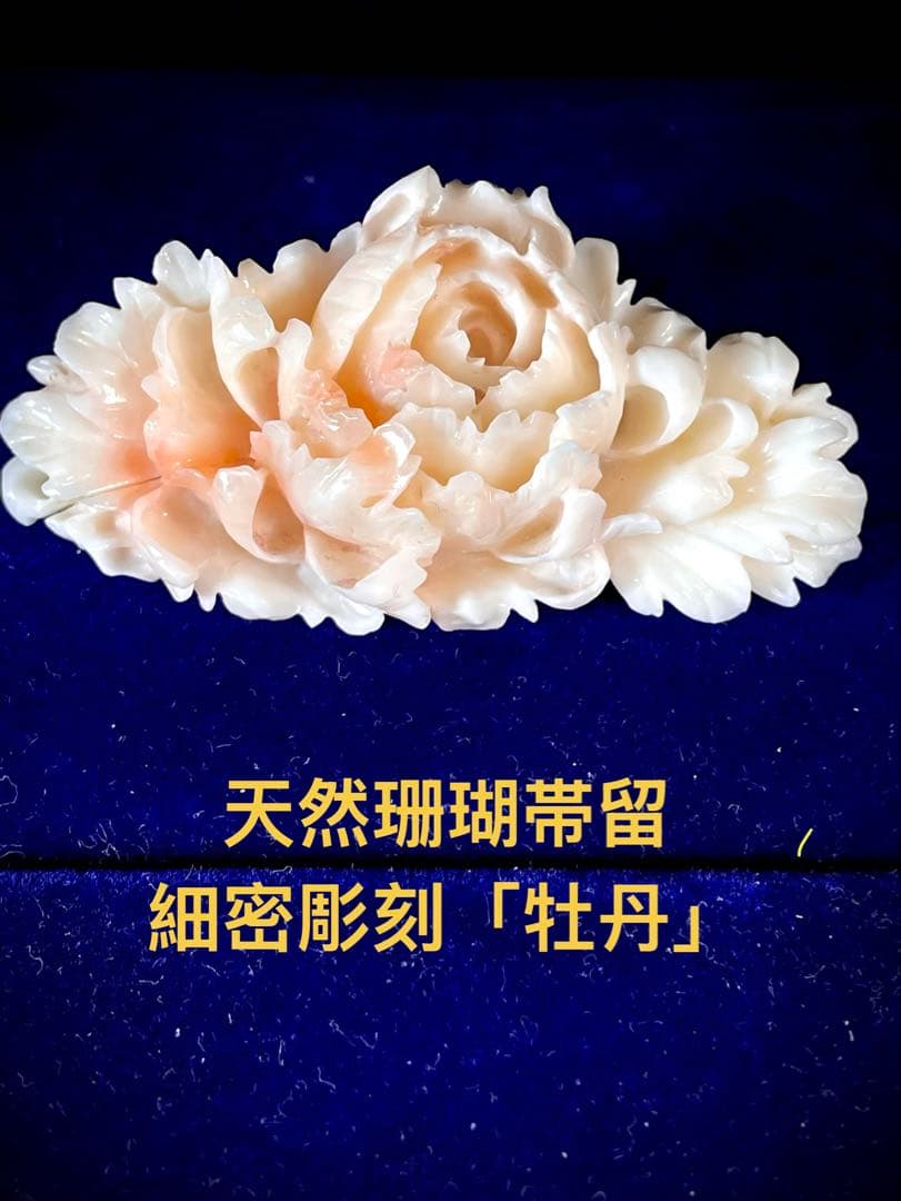 天然珊瑚細密彫刻 「牡丹」帯留 和装小物サンゴ彫刻　ＷＺー053