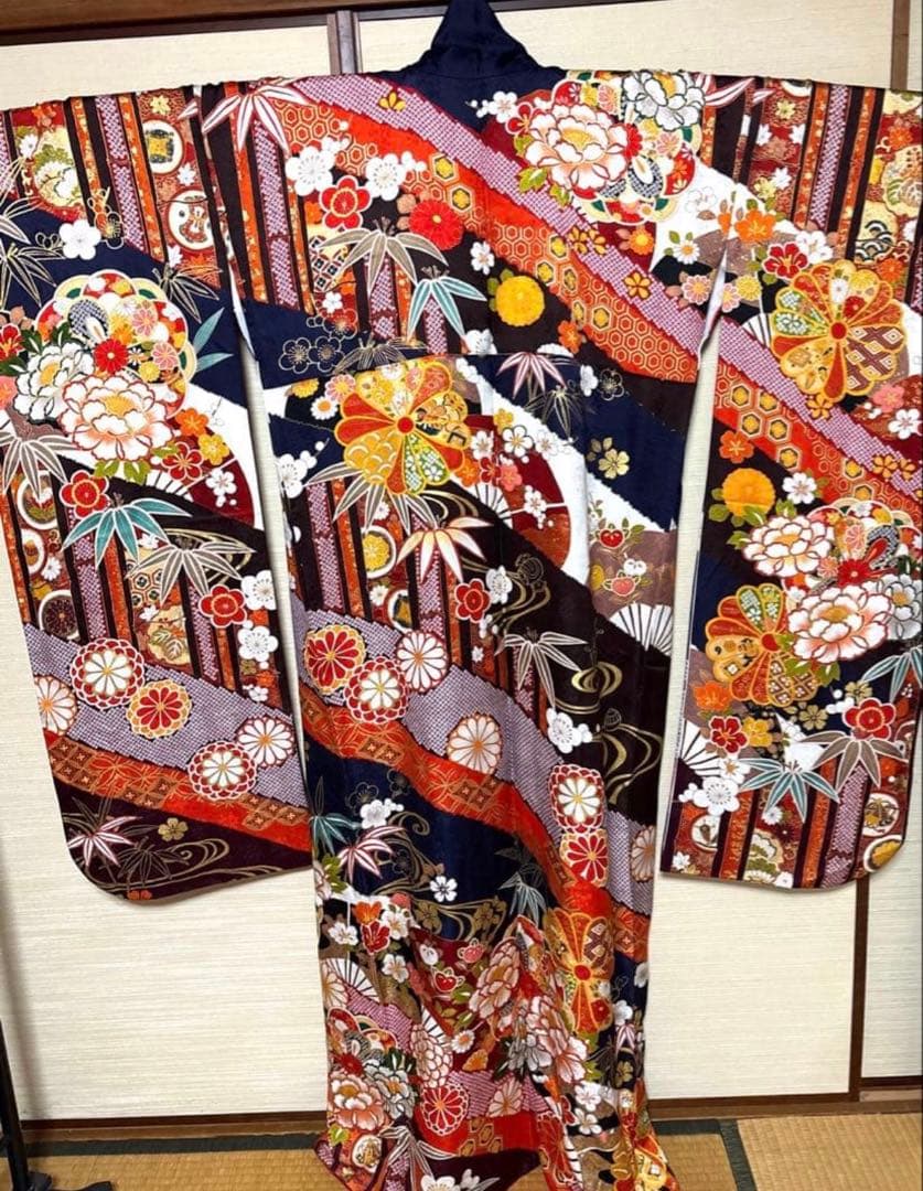 紺×茶 吉祥 華文 振袖 身丈162