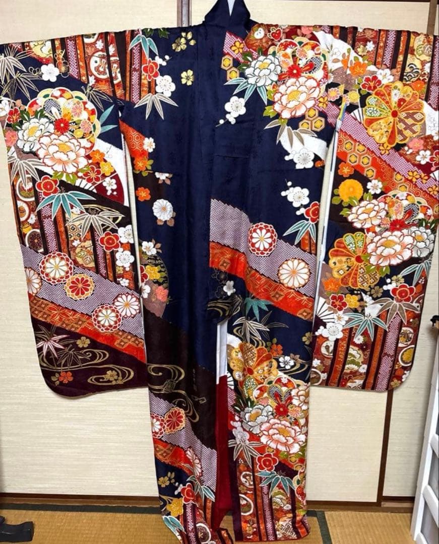 紺×茶 吉祥 華文 振袖 身丈162