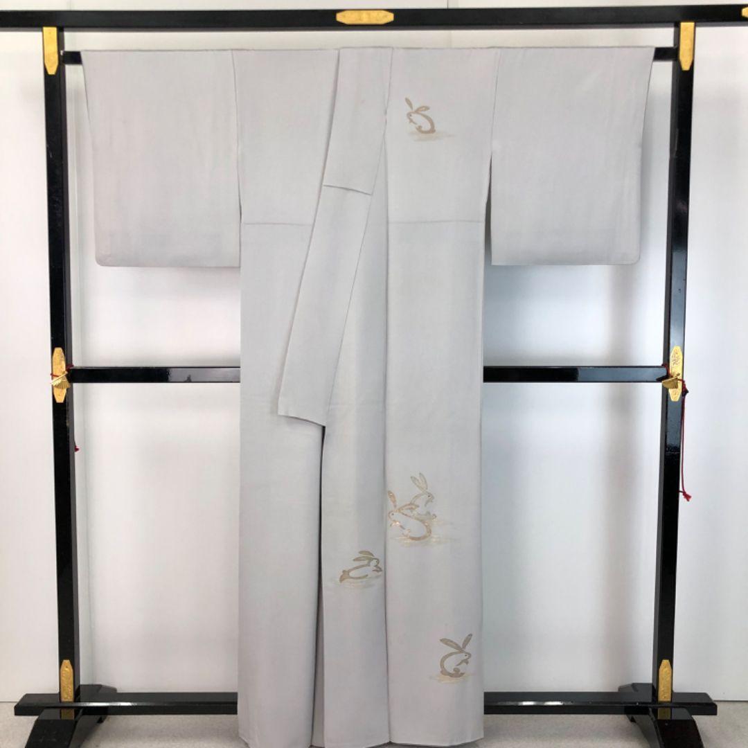 ☆ 付下げ うさぎ柄 兎 金彩 白鼠色 K-5513