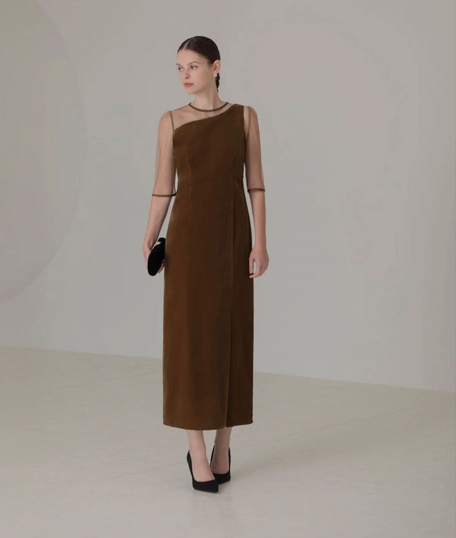 Leja お呼ばれドレス　アシンメトリーティアードフリル3WAY BROWN