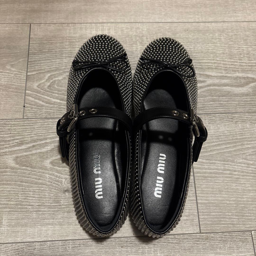 miu miu ミュウミュウ リボン スタッズ　バレリーナ　パンプス