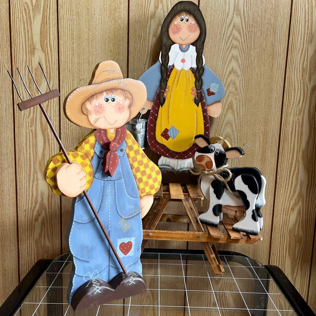 カントリー風 木製農夫と農婦の飾り