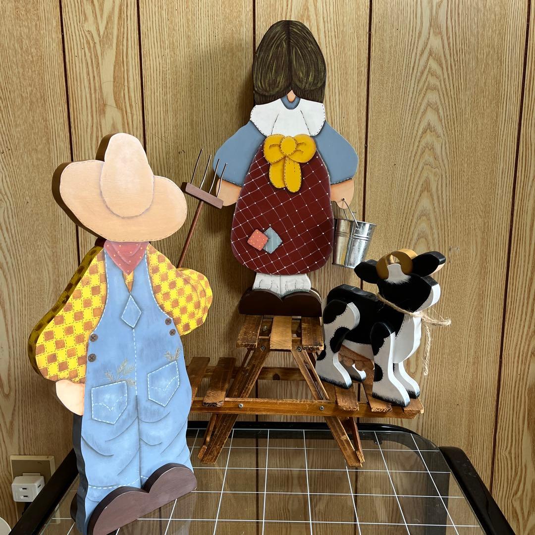 カントリー風 木製農夫と農婦の飾り