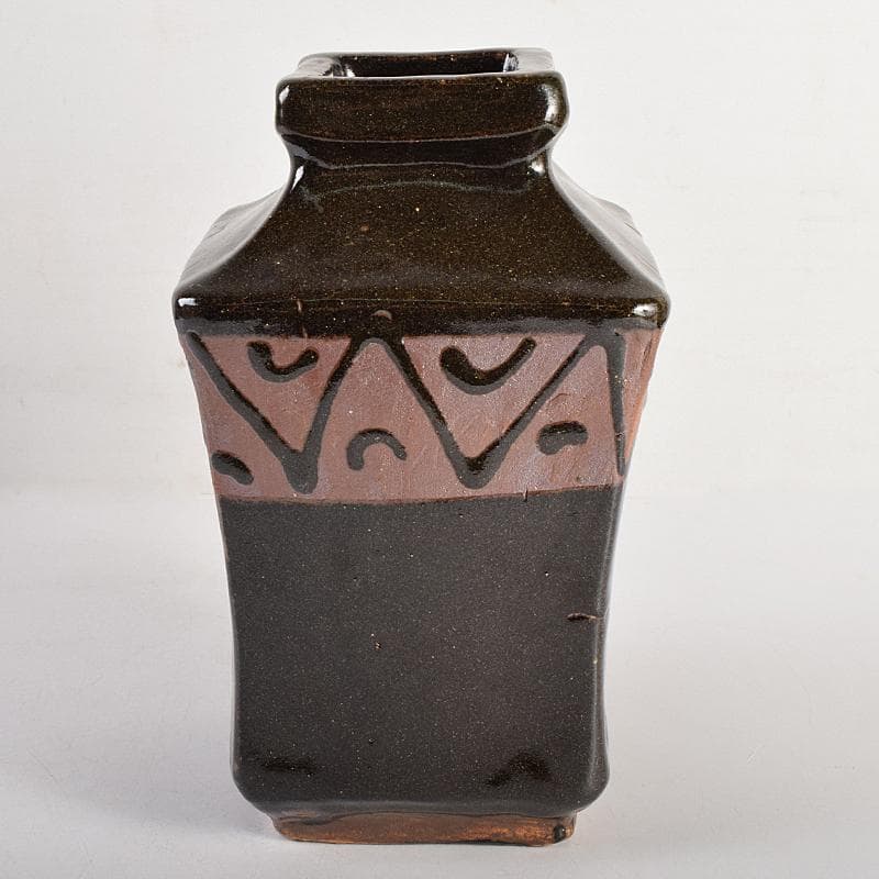 いしちゃん　濱田庄司作　益子焼　鉄釉　四方花生　共布共箱　M　R8832B