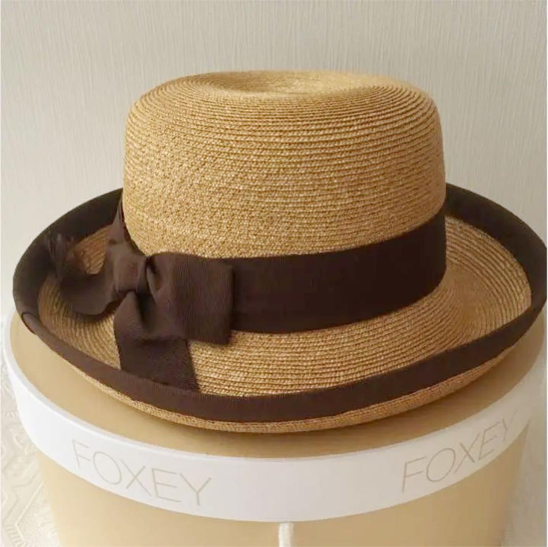 【FOXEY 美品 箱付き】FOXEY リボンストローハット 茶