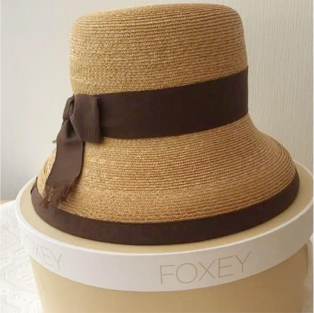 【FOXEY 美品 箱付き】FOXEY リボンストローハット 茶