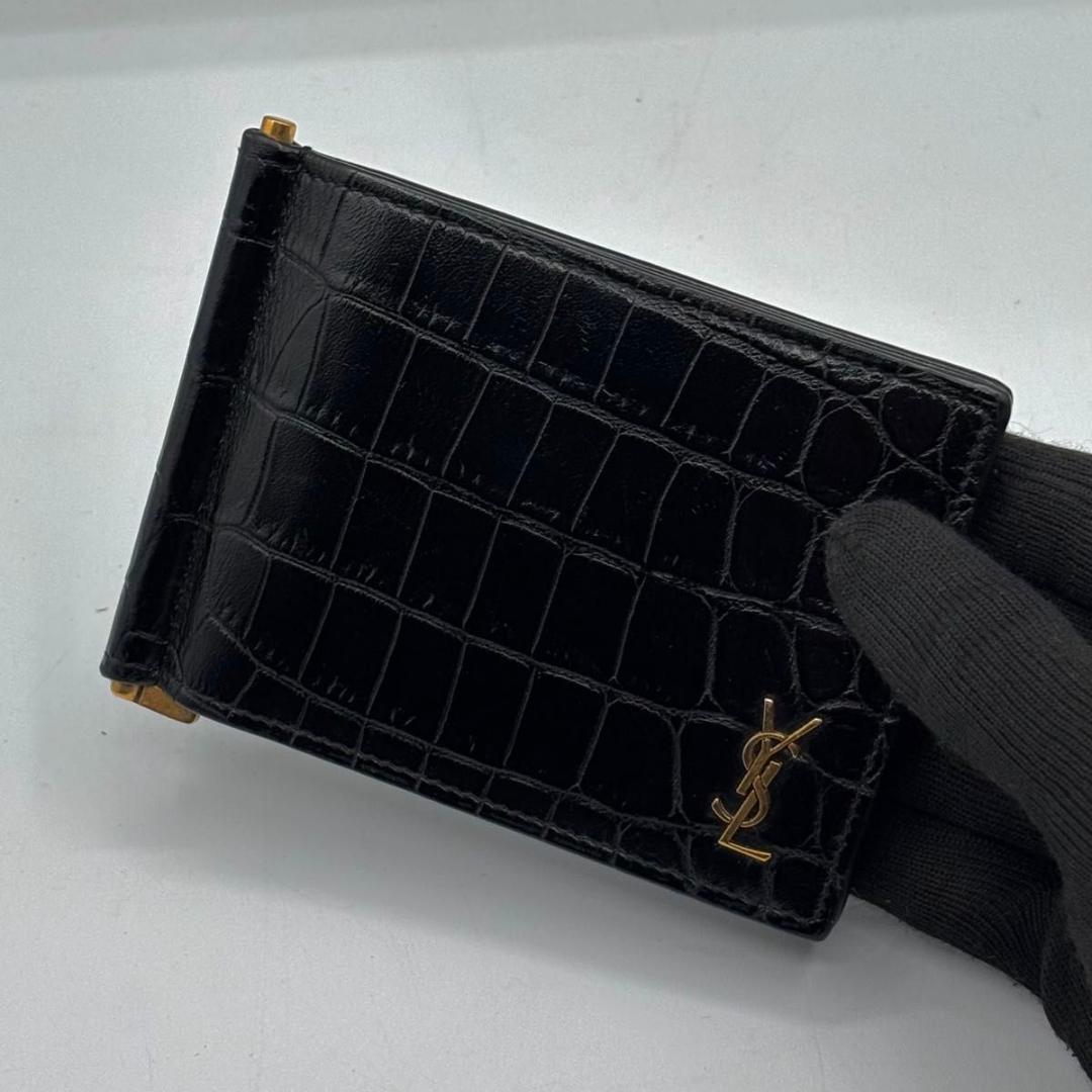新品に近い 箱袋付属 サンローラン マネークリップ クロコ型押し YSLライン