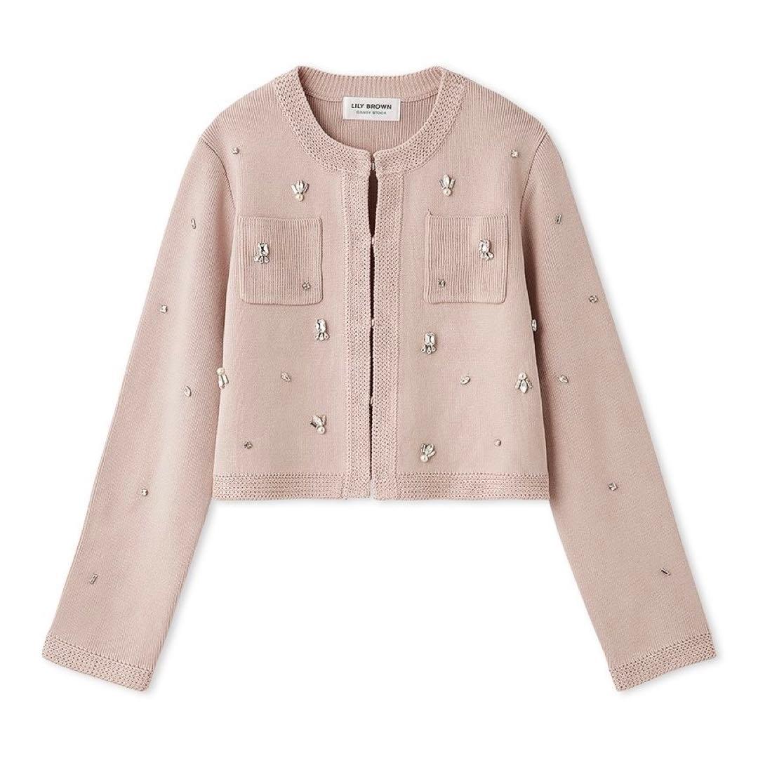 LILY BROWN マルチビジューノーカラーニットジャケット PNK