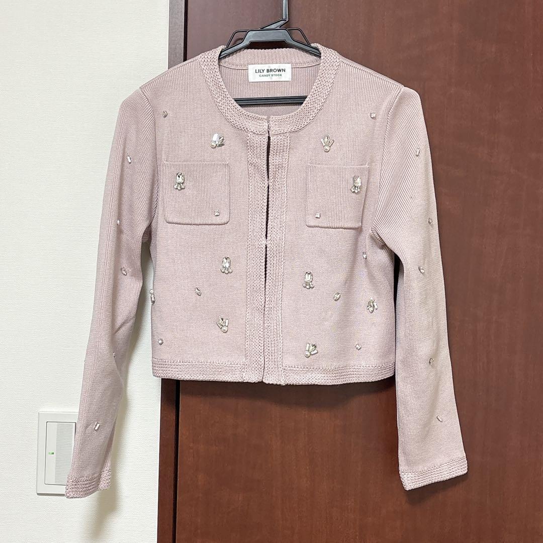 LILY BROWN マルチビジューノーカラーニットジャケット PNK