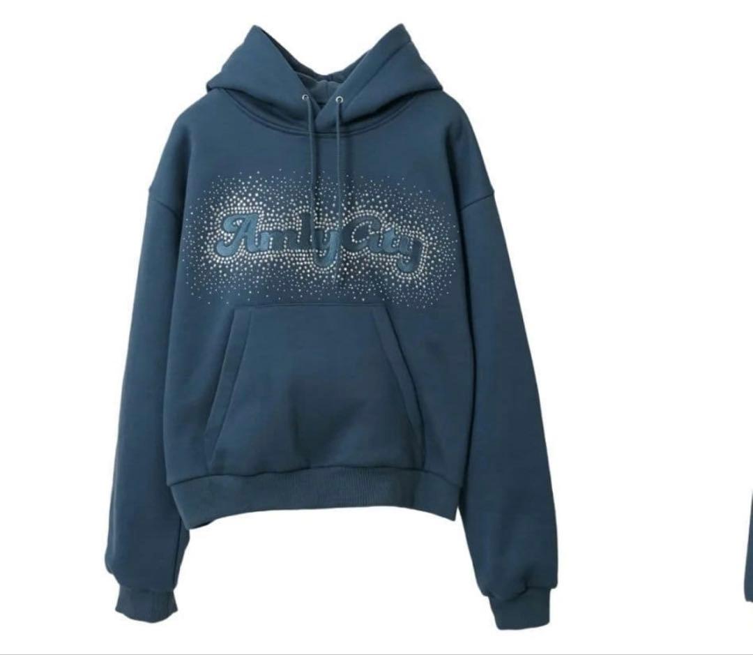 Amlycity ラインストーンフーディー パーカー ブルー Lサイズ りなてぃ