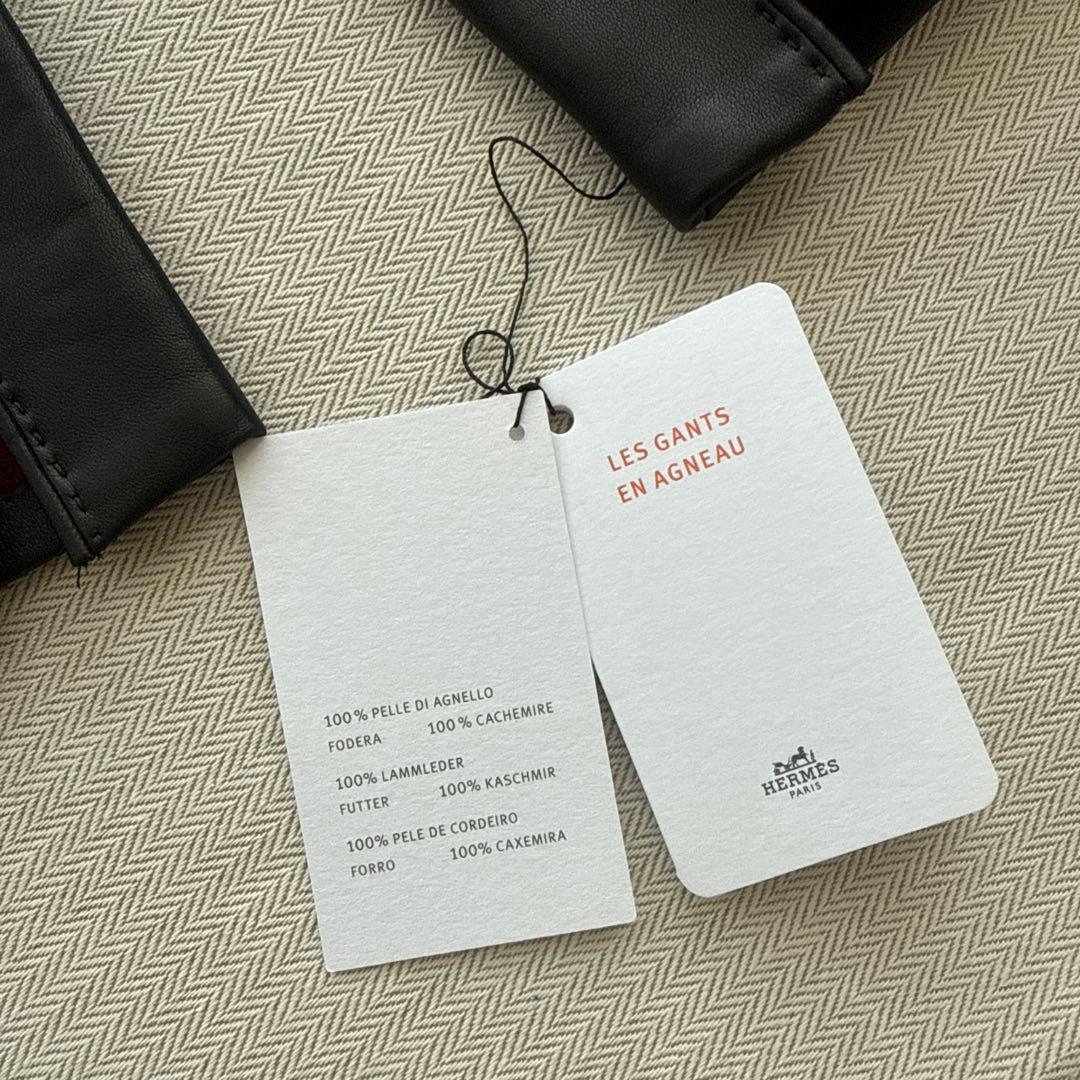 新品未使用★HERMES タグ付き★黒レザー×カシミヤ手袋