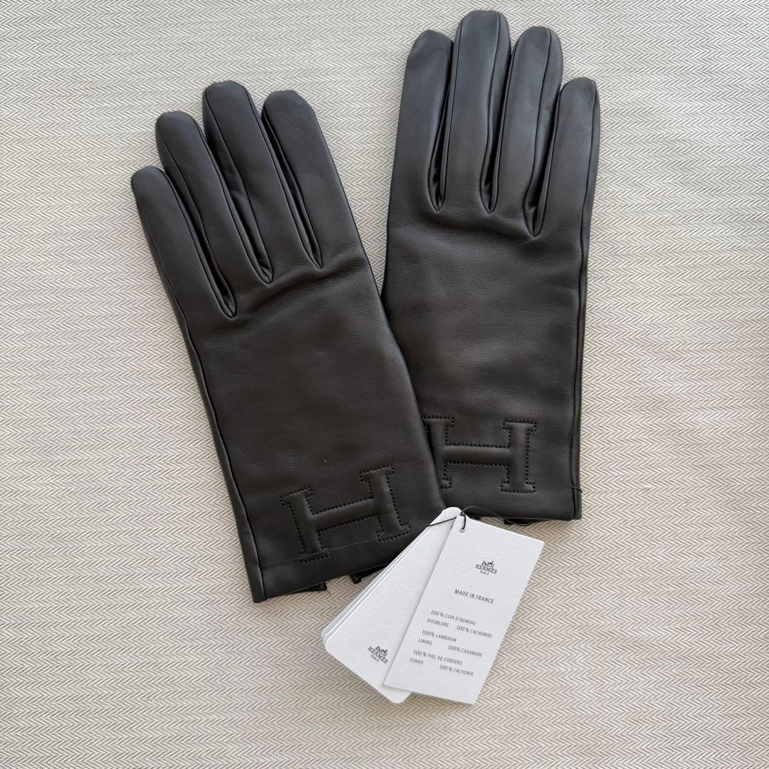 新品未使用★HERMES タグ付き★黒レザー×カシミヤ手袋
