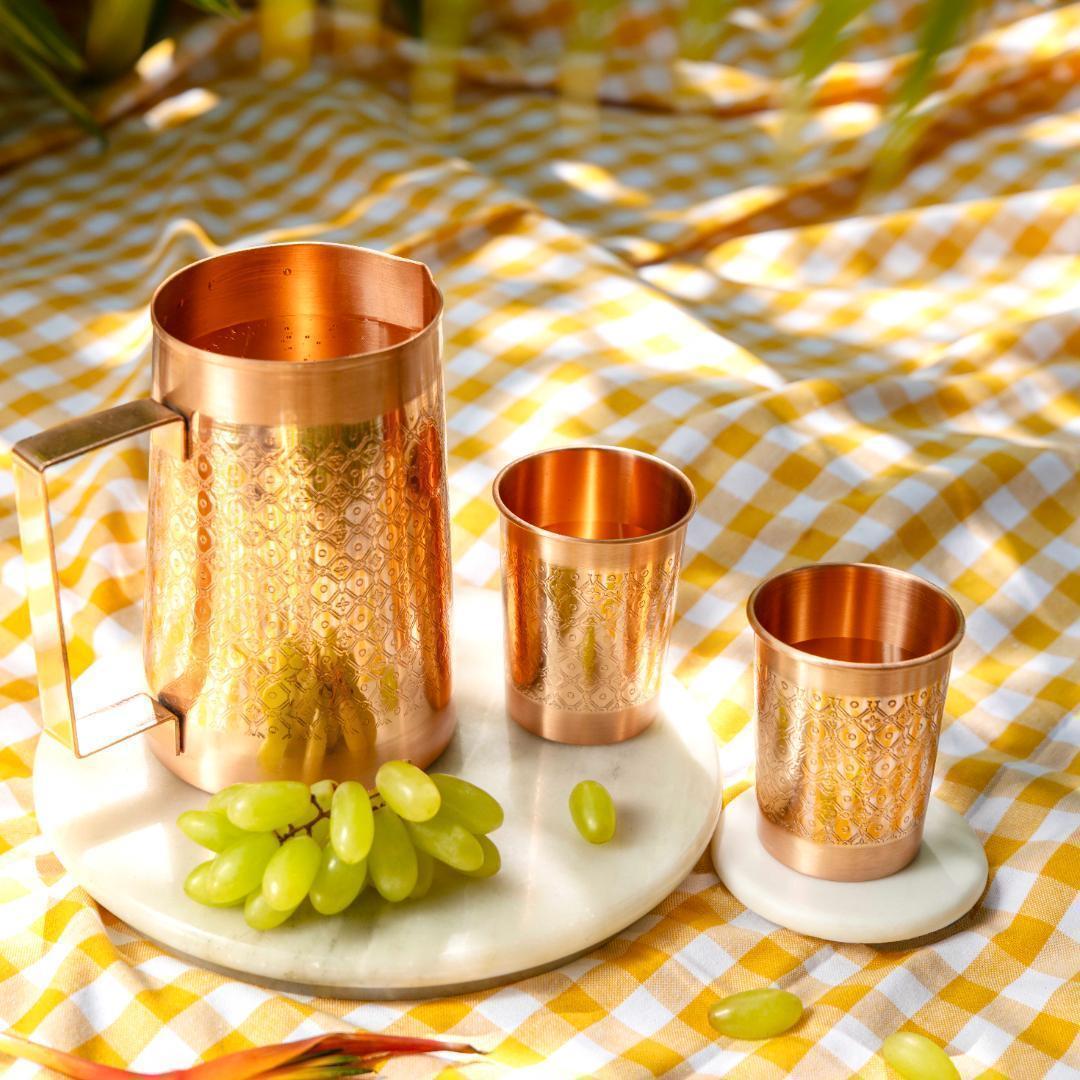 【高級】【純銅】 水差し 1.5L ＋グラス4個　アーユルヴェーダ 職人手作り