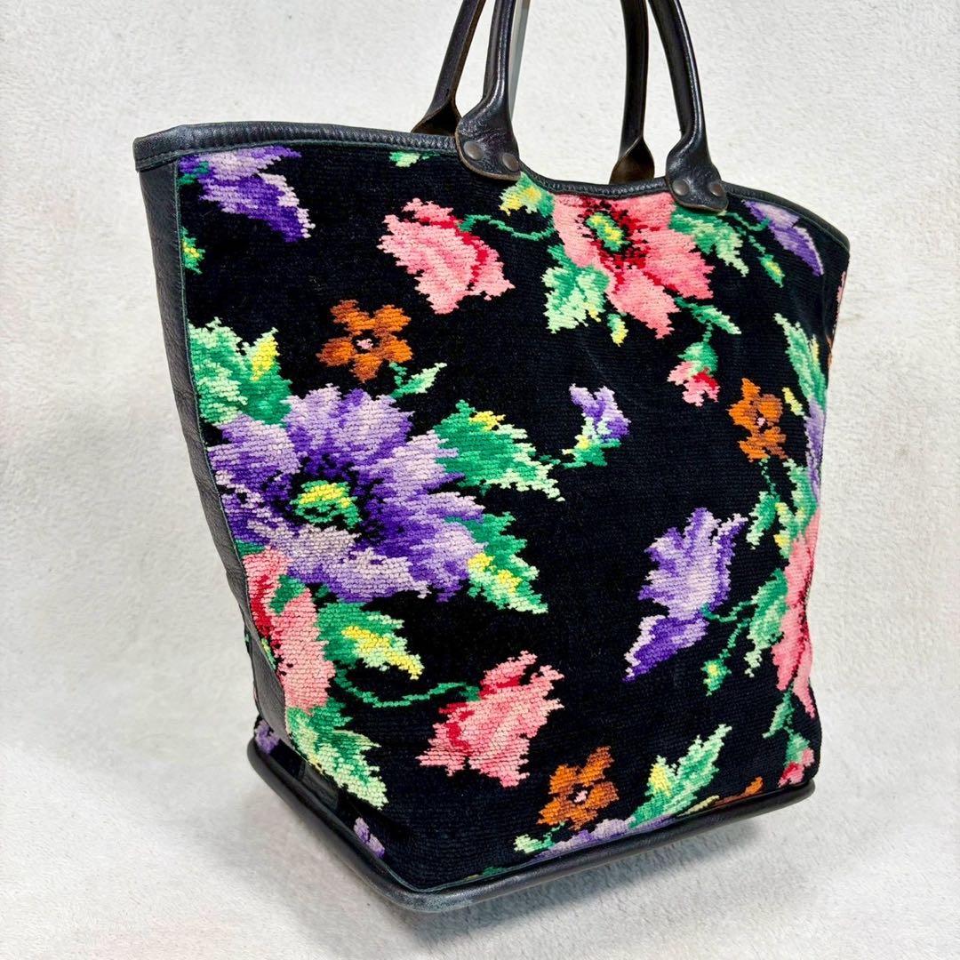【美品✨】フェイラー FEILER シェニール織　トートバッグ 花柄　黒