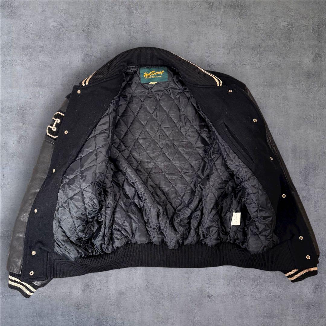 90s日本製 Hot Scoop スタジャン ネイビー レザー 袖ロゴ入り 希少