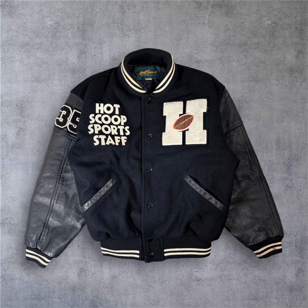 90s日本製 Hot Scoop スタジャン ネイビー レザー 袖ロゴ入り 希少