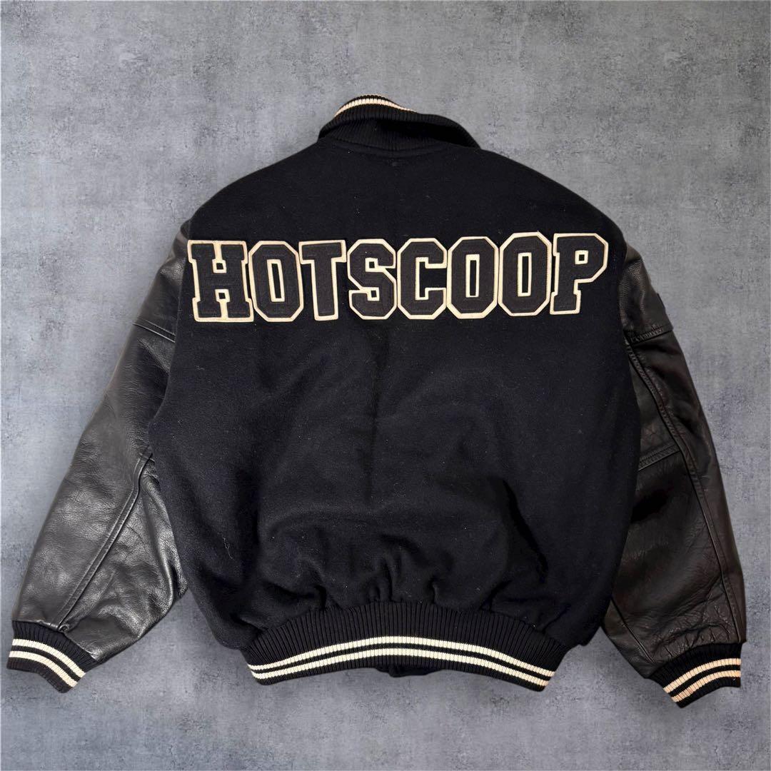 90s日本製 Hot Scoop スタジャン ネイビー レザー 袖ロゴ入り 希少