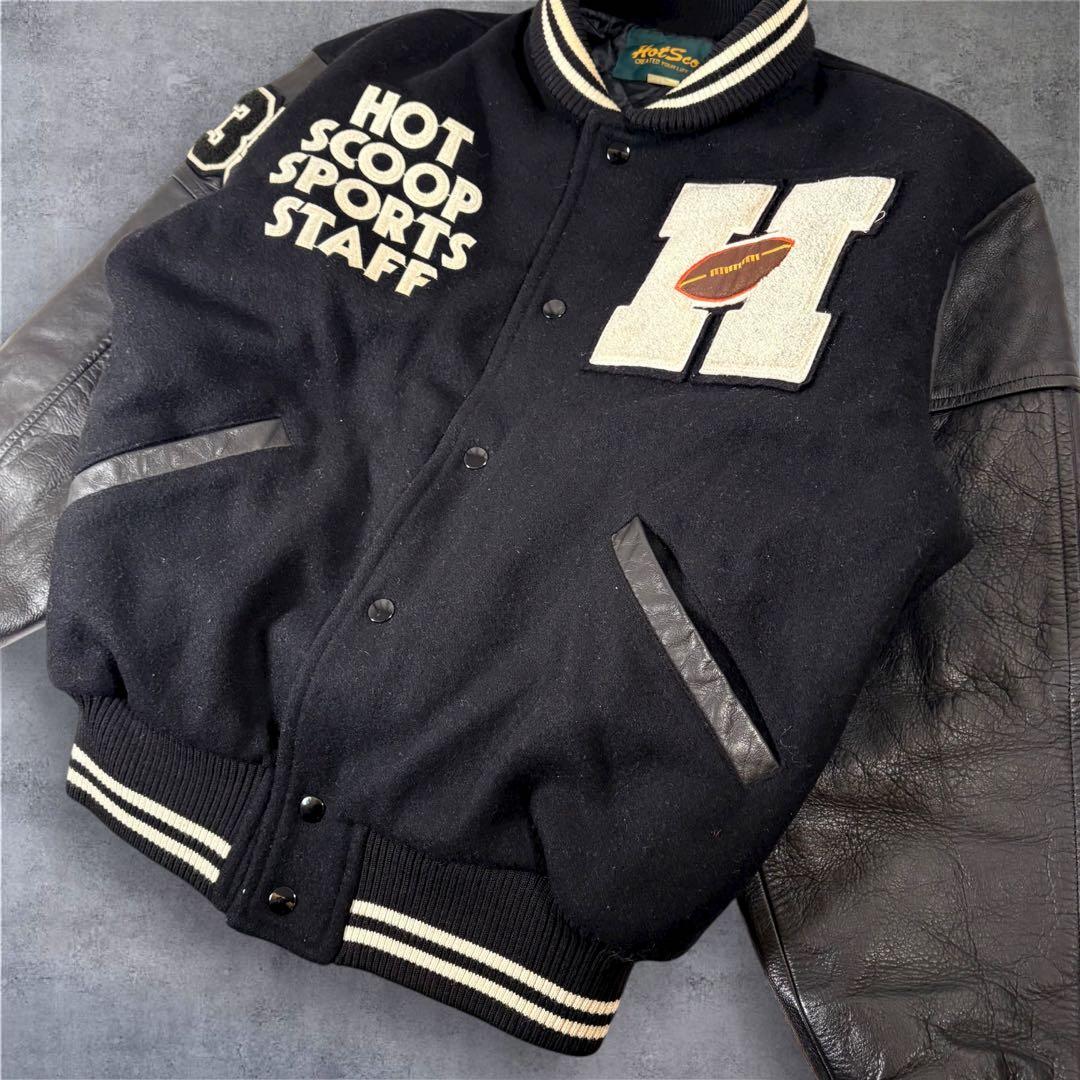 90s日本製 Hot Scoop スタジャン ネイビー レザー 袖ロゴ入り 希少