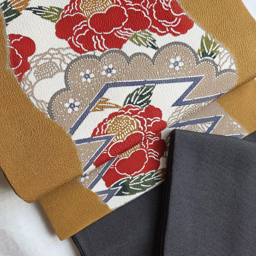 松皮菱と椿柄　栗山吉三郎　和染紅型名古屋帯