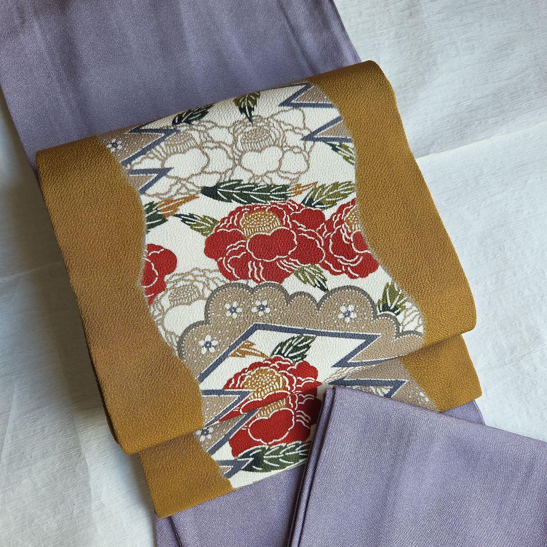 松皮菱と椿柄　栗山吉三郎　和染紅型名古屋帯